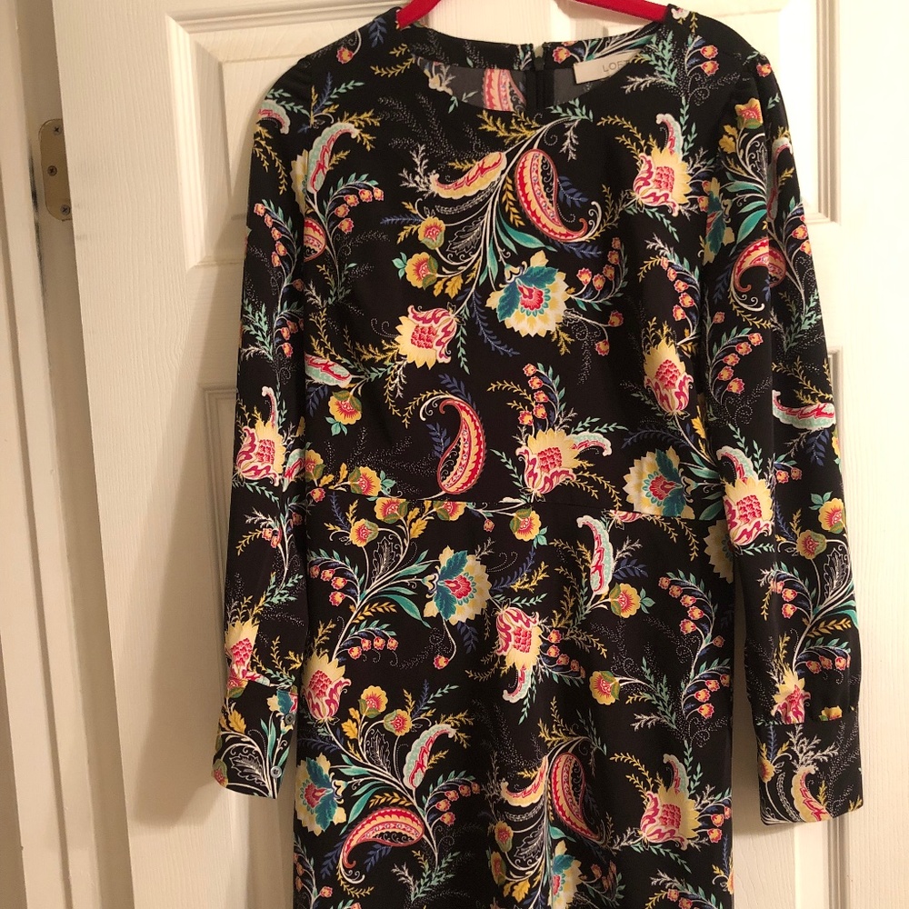 New Loft Black Colorful Paisley Pattern Dress w/ Zipper Back Closure